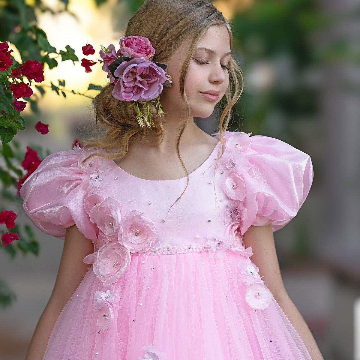 Jill Wish Sky Blue Arabic Girl Dresses Crystal with Cape 3D Flowers Puff Sleeves J098