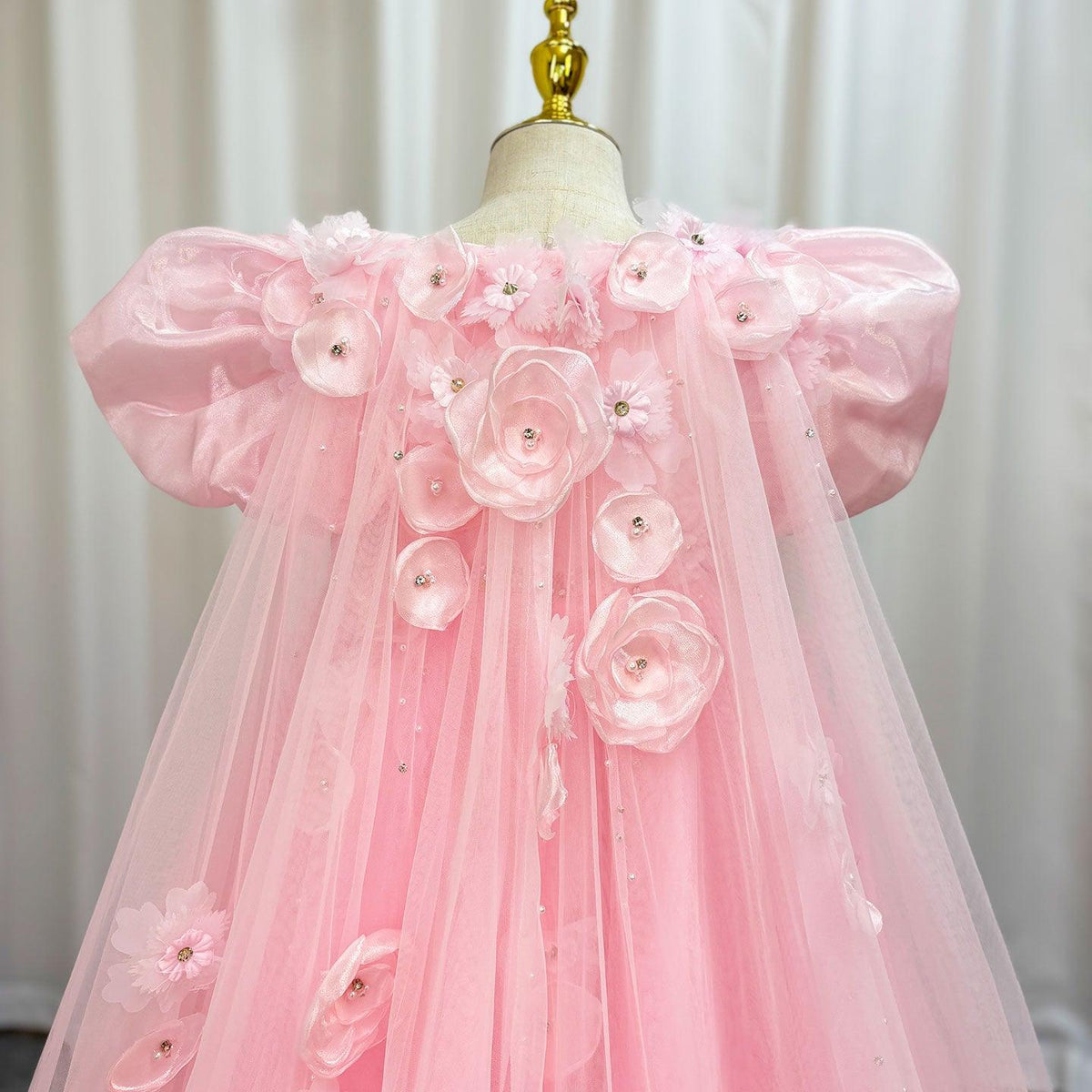Jill Wish Sky Blue Arabic Girl Dresses Crystal with Cape 3D Flowers Puff Sleeves J098