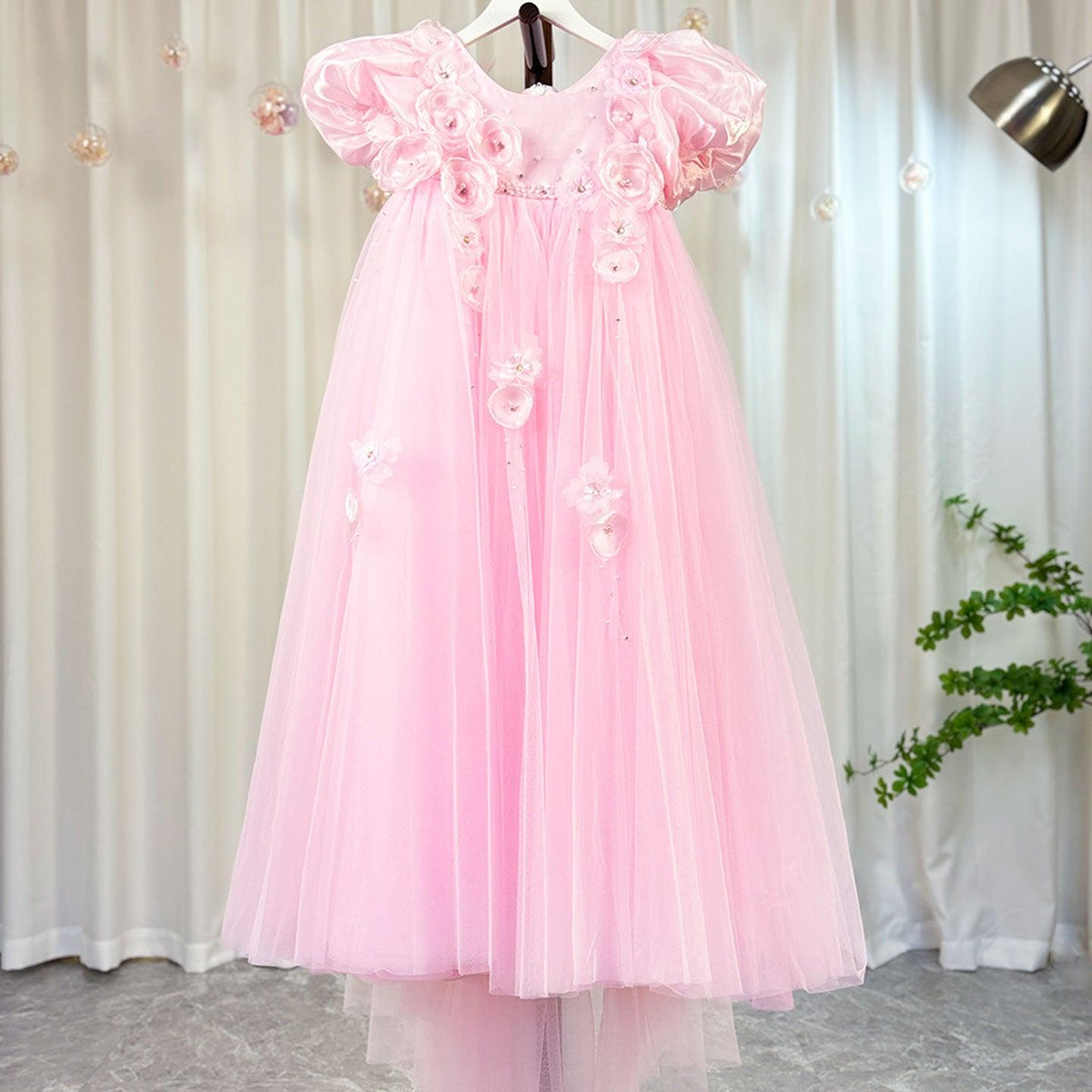 Jill Wish Sky Blue Arabic Girl Dresses Crystal with Cape 3D Flowers Puff Sleeves J098