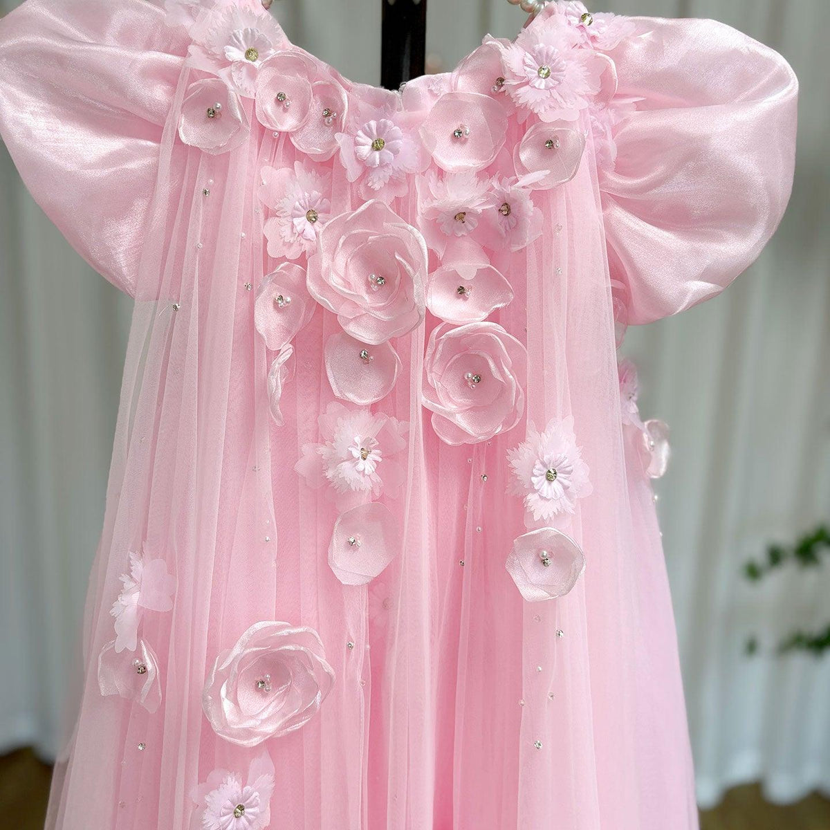 Jill Wish Sky Blue Arabic Girl Dresses Crystal with Cape 3D Flowers Puff Sleeves J098