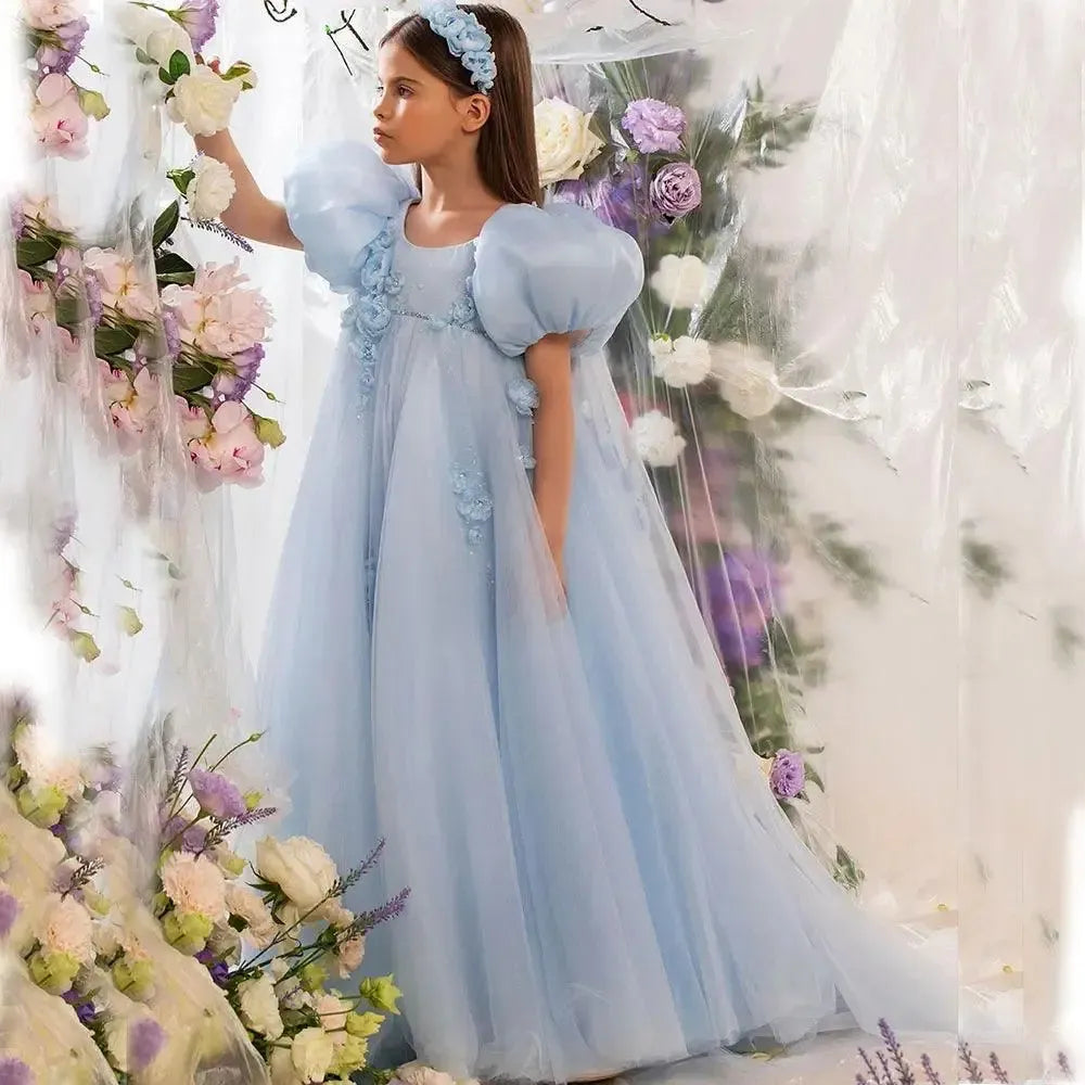 Jill Wish Sky Blue Arabic Girl Dresses Crystal with Cape 3D Flowers Puff Sleeves J098