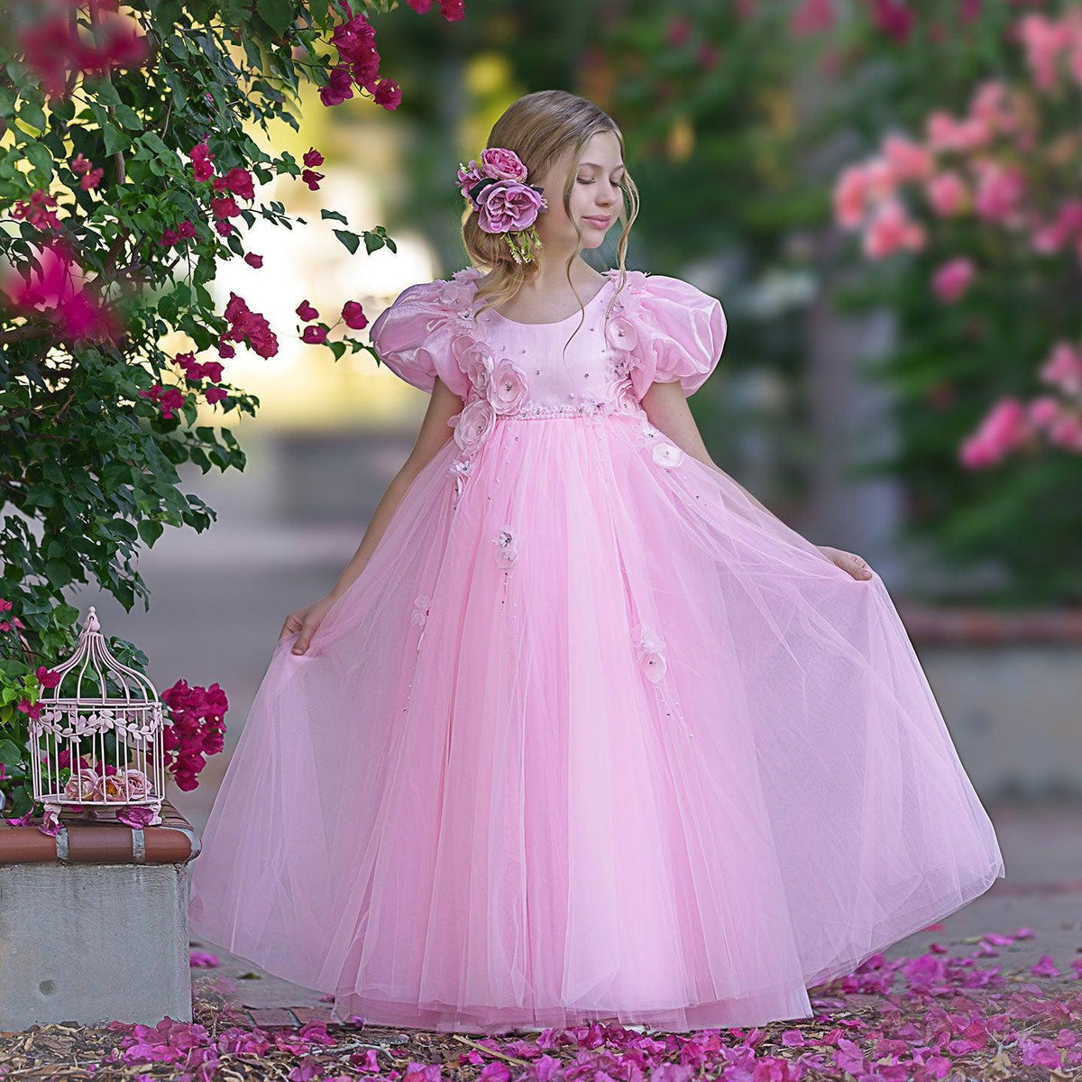 Jill Wish Sky Blue Arabic Girl Dresses Crystal with Cape 3D Flowers Puff Sleeves J098