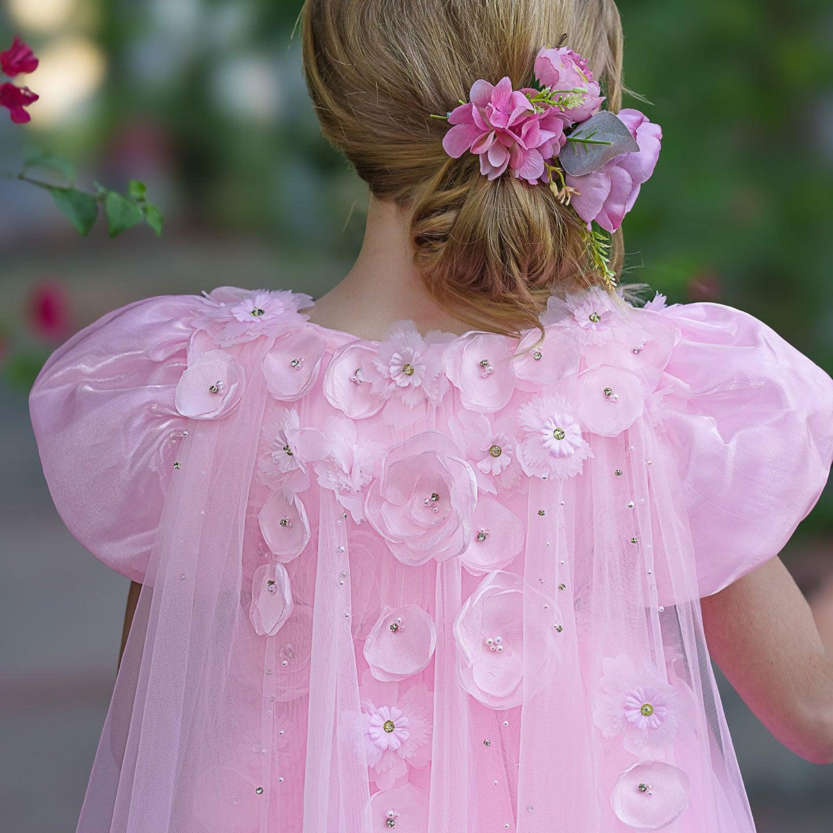 Jill Wish Sky Blue Arabic Girl Dresses Crystal with Cape 3D Flowers Puff Sleeves J098
