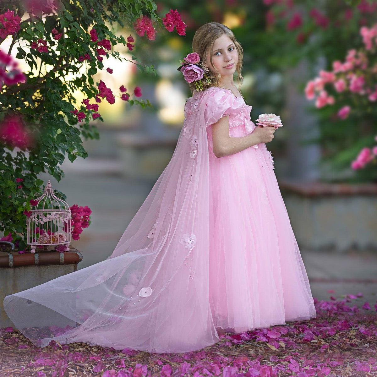 Jill Wish Sky Blue Arabic Girl Dresses Crystal with Cape 3D Flowers Puff Sleeves J098