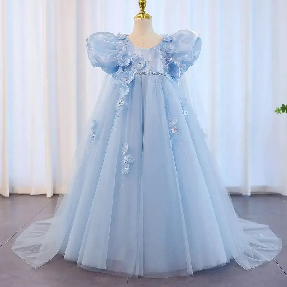 Jill Wish Sky Blue Arabic Girl Dresses Crystal with Cape 3D Flowers Puff Sleeves J098