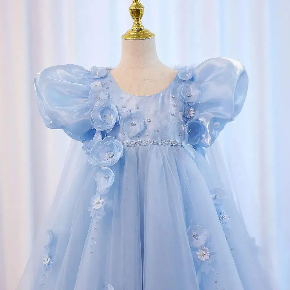 Jill Wish Sky Blue Arabic Girl Dresses Crystal with Cape 3D Flowers Puff Sleeves J098