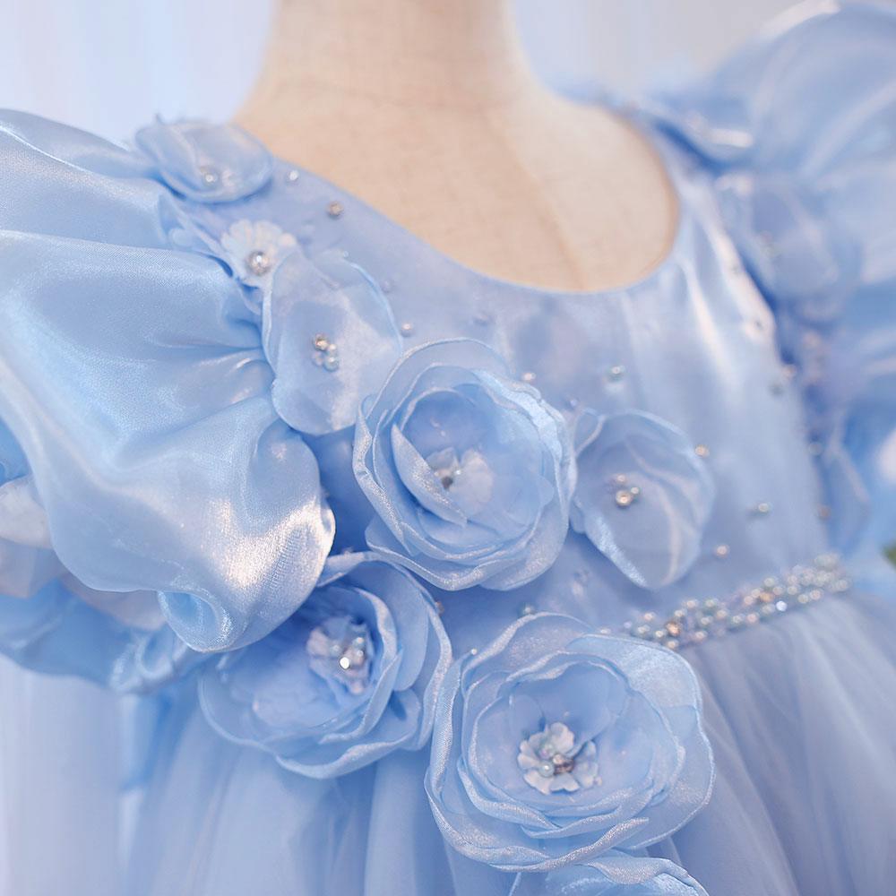 Jill Wish Sky Blue Arabic Girl Dresses Crystal with Cape 3D Flowers Puff Sleeves J098
