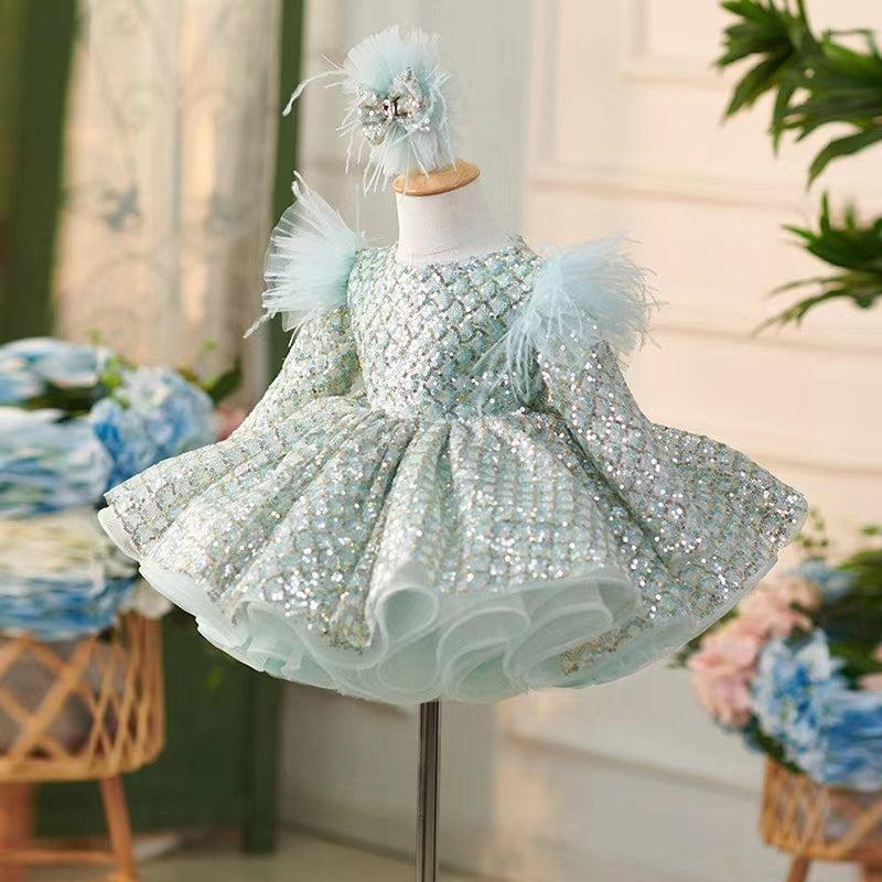 Jill Wish Sparkly Turquoise Girl Dress Long Sleeve Knee Length Arabic J093