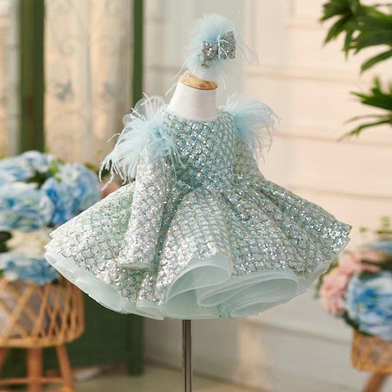 Jill Wish Sparkly Turquoise Girl Dress Long Sleeve Knee Length Arabic J093