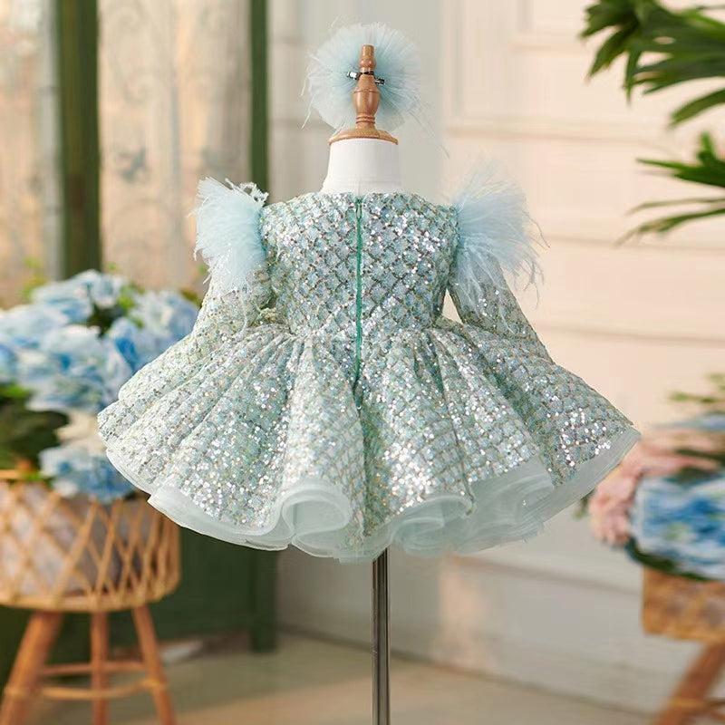 Jill Wish Sparkly Turquoise Girl Dress Long Sleeve Knee Length Arabic J093