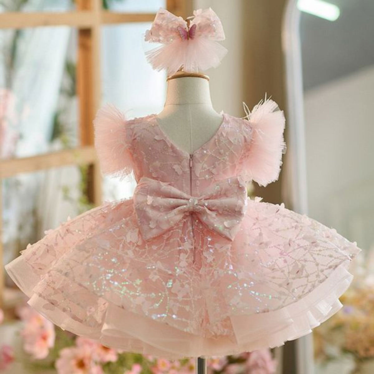 Jill Wish Sparkly White Girl Dress Pink Knee Length for Birthday Party J268