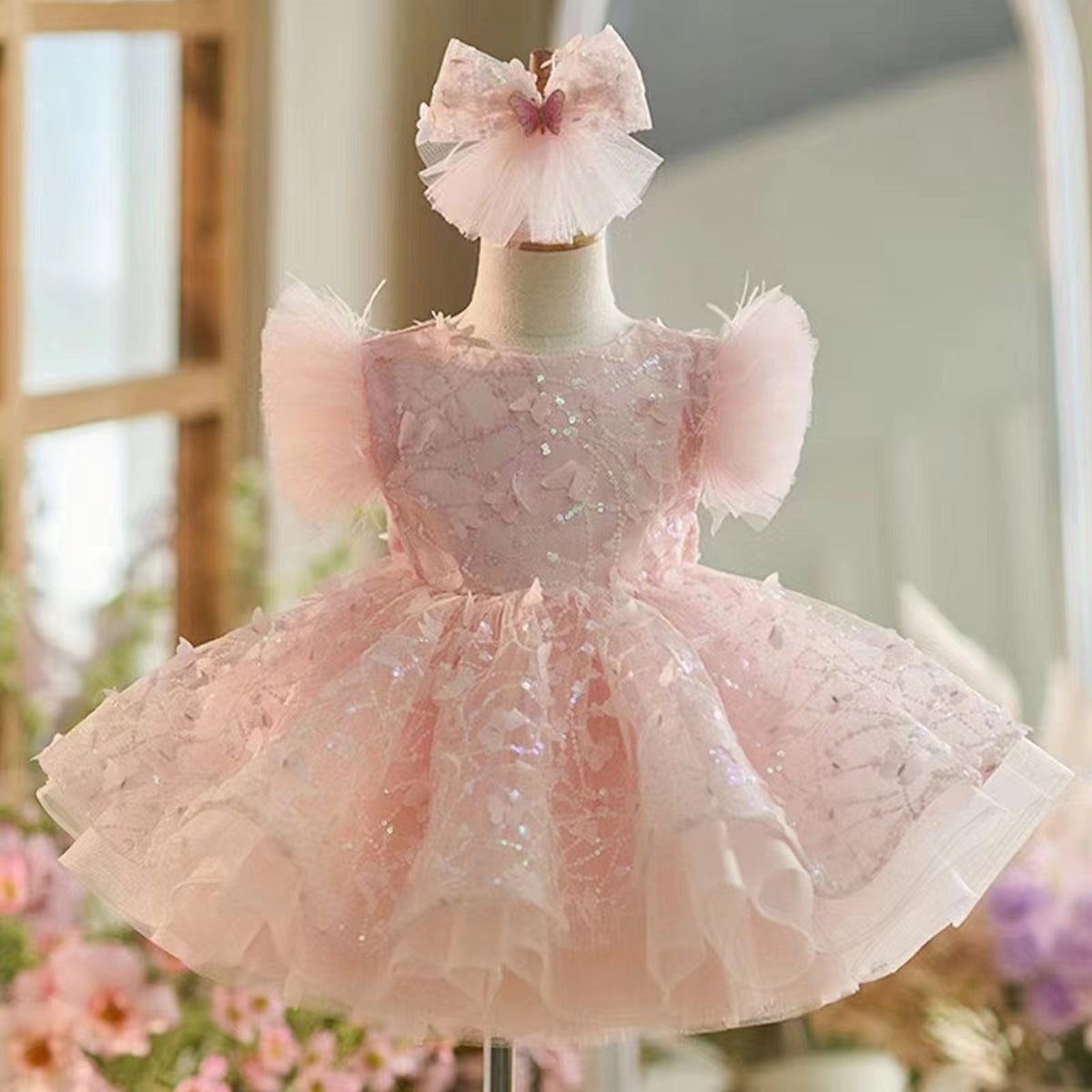 Jill Wish Sparkly White Girl Dress Pink Knee Length for Birthday Party J268