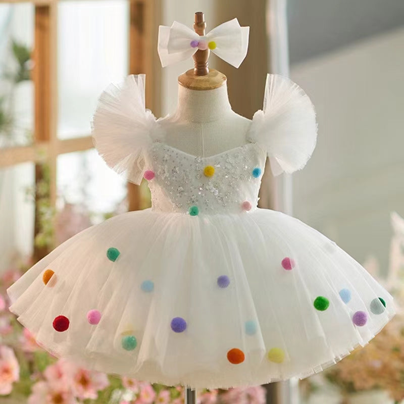 Jill Wish White Girl Dresses with Hairband for Baby Wedding Birthday Party J032