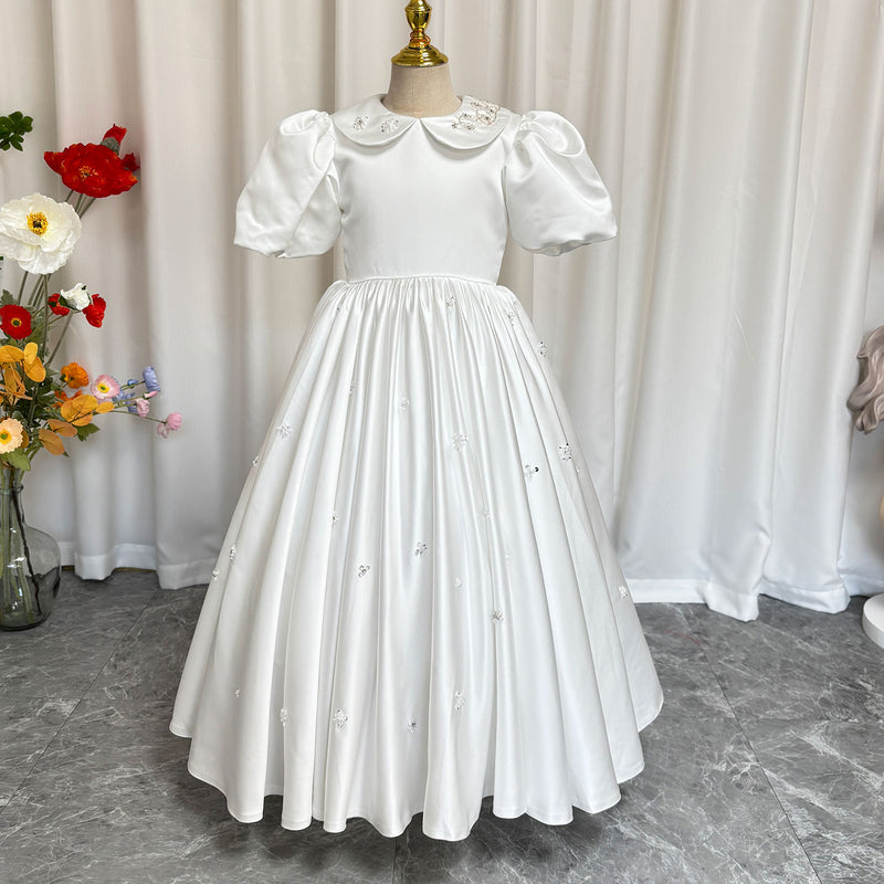 Jill Wish White Satin Girl Dress Ankle Length for Birthday Wedding Party J171