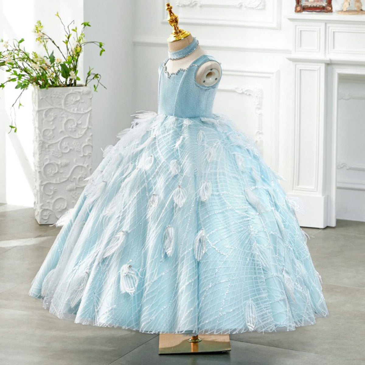 Jill WishLuxury Dubai Sky Blue Girl dresses High-Neck Feather J128