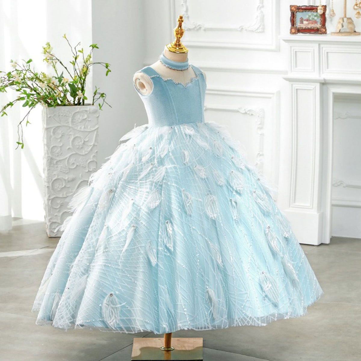 Jill WishLuxury Dubai Sky Blue Girl dresses High-Neck Feather J128