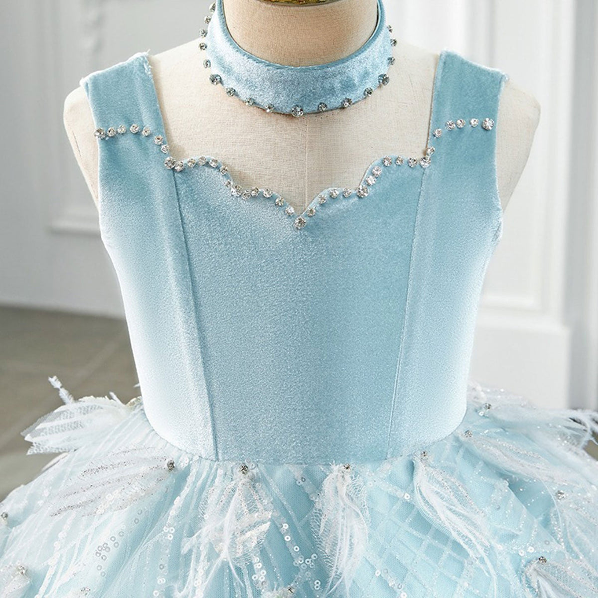 Jill WishLuxury Dubai Sky Blue Girl dresses High-Neck Feather J128