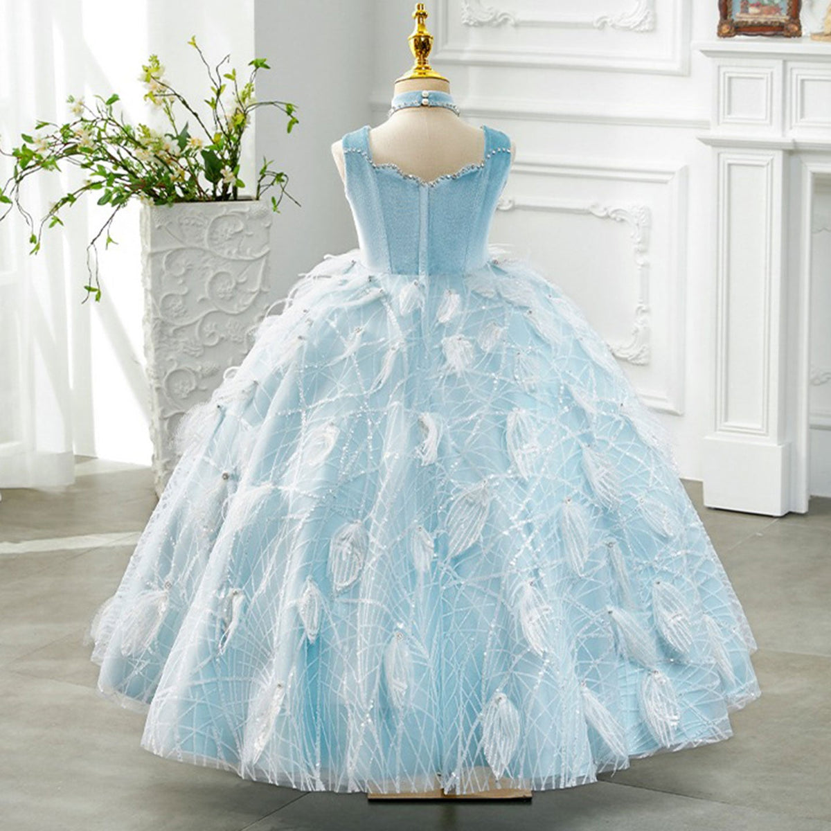 Jill WishLuxury Dubai Sky Blue Girl dresses High-Neck Feather J128