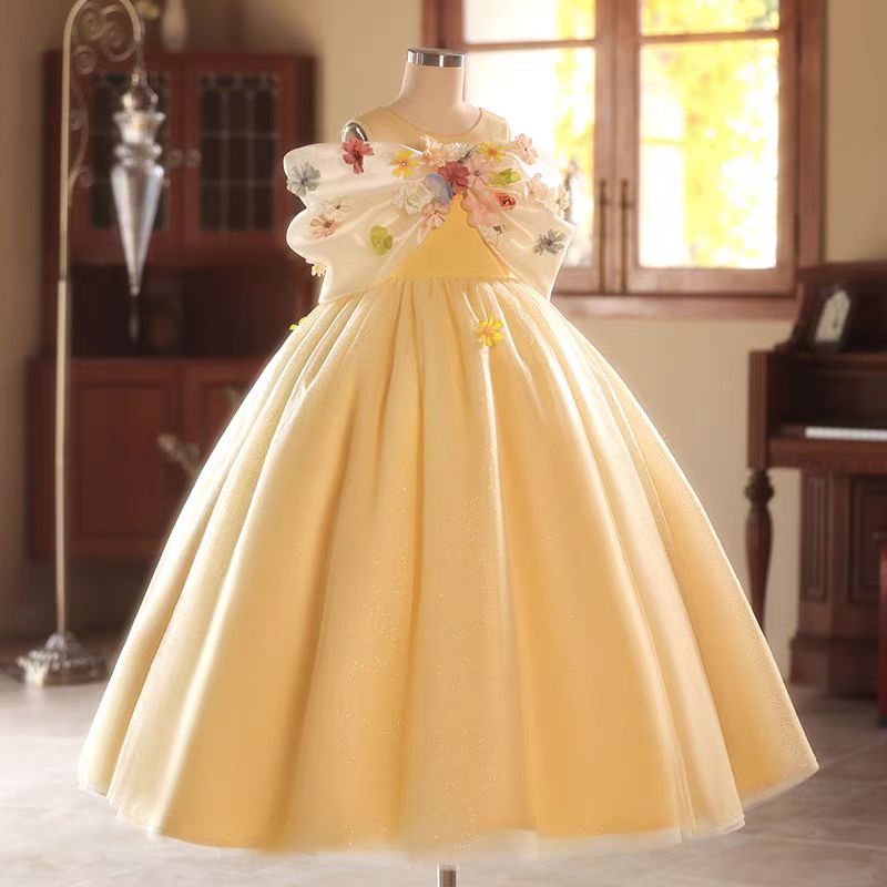 Jill Yellow 3D Flowers Girl Dress for Birthday Pageant Party J081