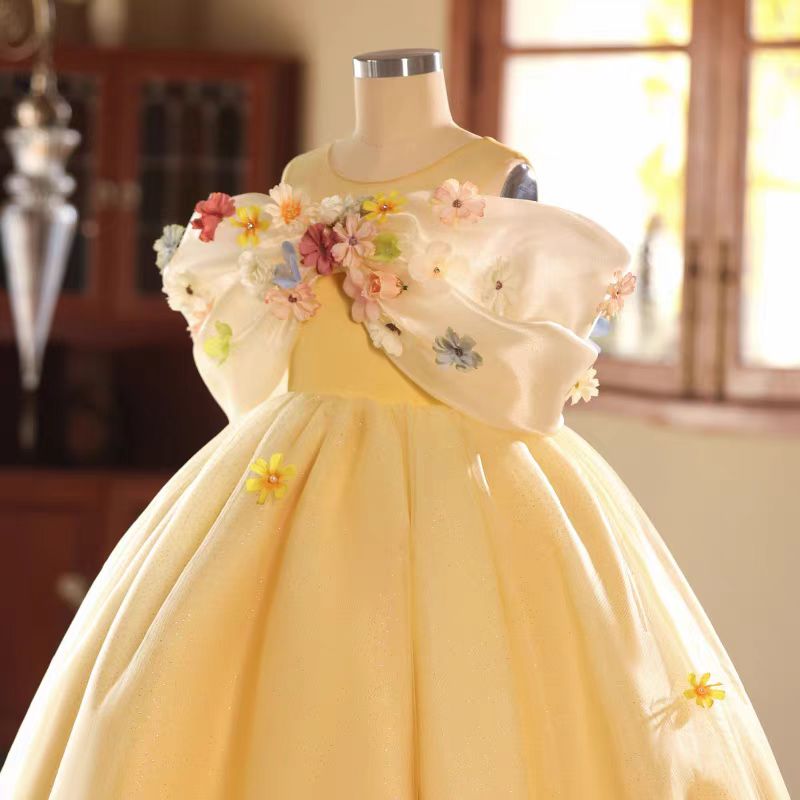 Jill Yellow 3D Flowers Girl Dress for Birthday Pageant Party J081