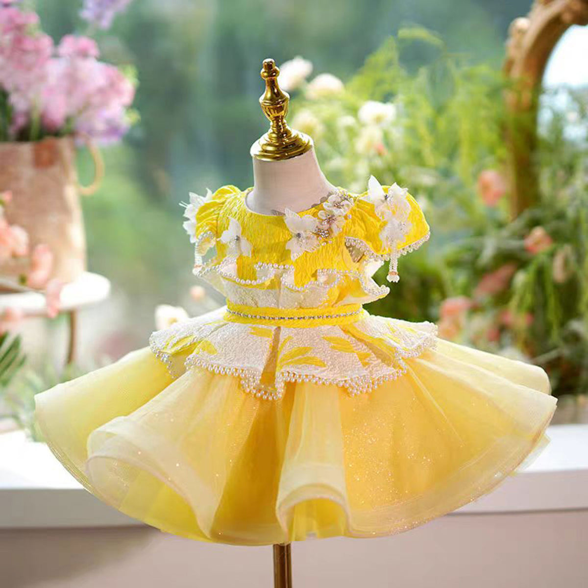 Jill Yellow Flower Girl Dress Princess Kids 1st Birthday Ball Gown J785