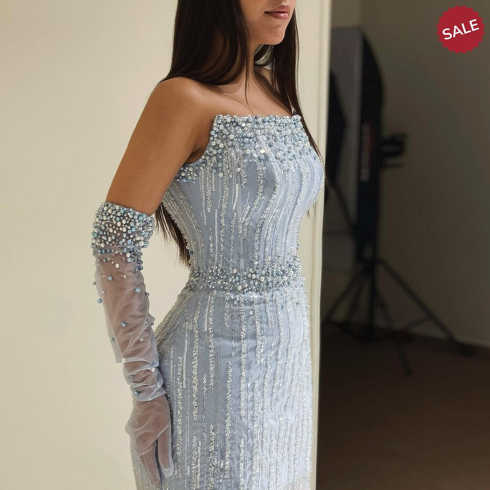 Light Blue Pearls Luxury Dubai Evening Dresses Elegant Strapless SS395