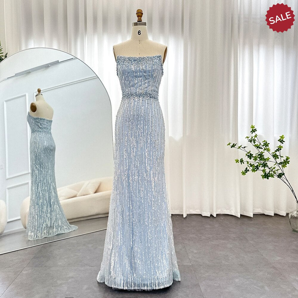 Light Blue Pearls Luxury Dubai Evening Dresses Elegant Strapless SS395