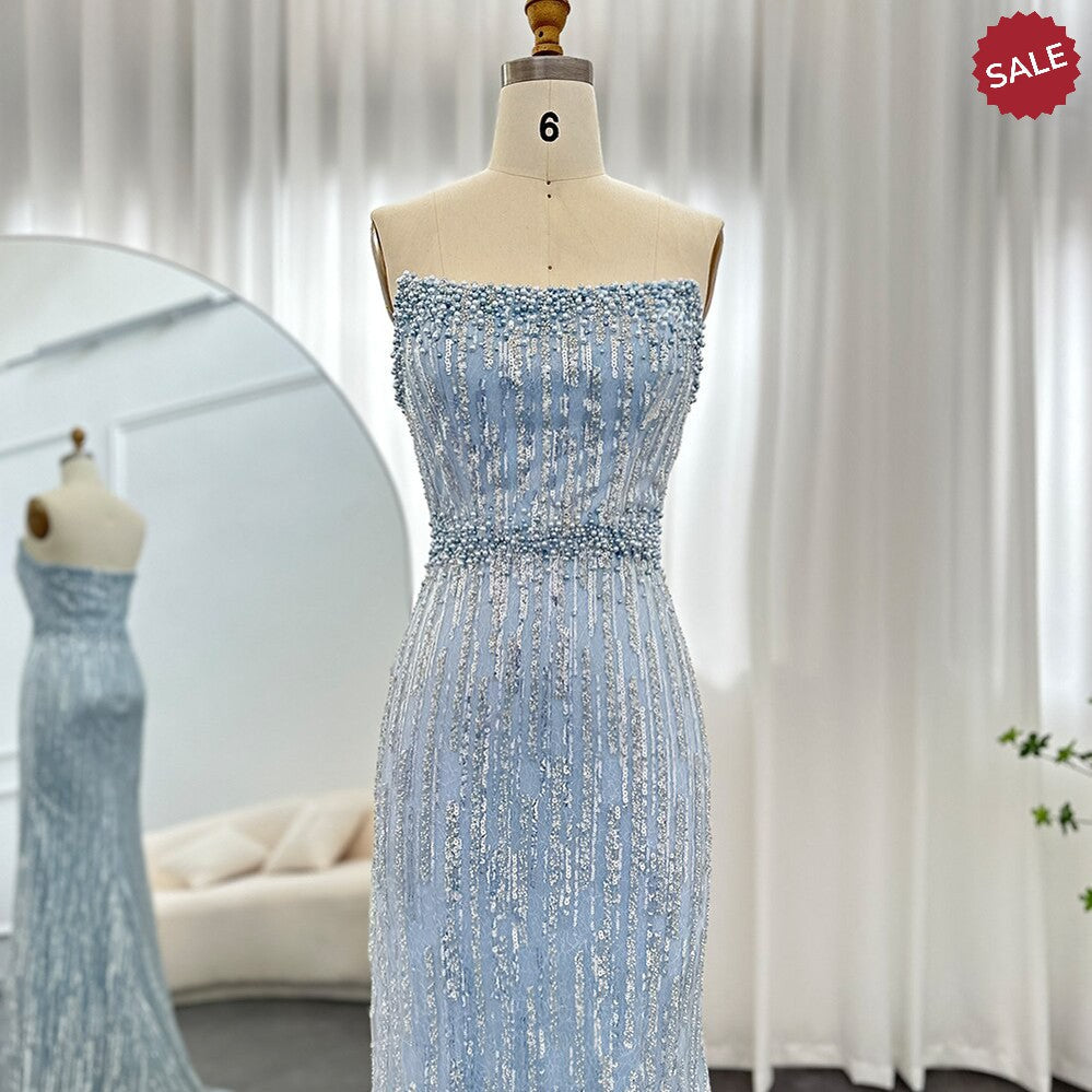 Light Blue Pearls Luxury Dubai Evening Dresses Elegant Strapless SS395