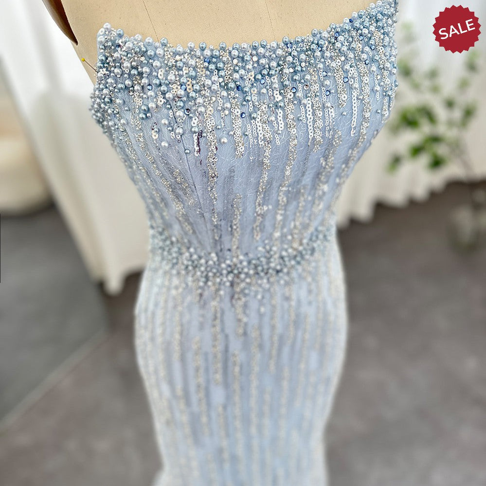 Light Blue Pearls Luxury Dubai Evening Dresses Elegant Strapless SS395
