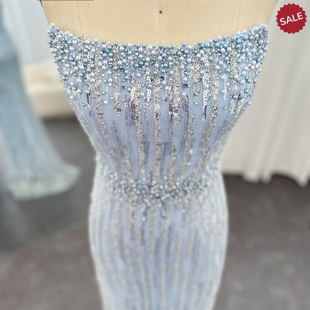 Light Blue Pearls Luxury Dubai Evening Dresses Elegant Strapless SS395