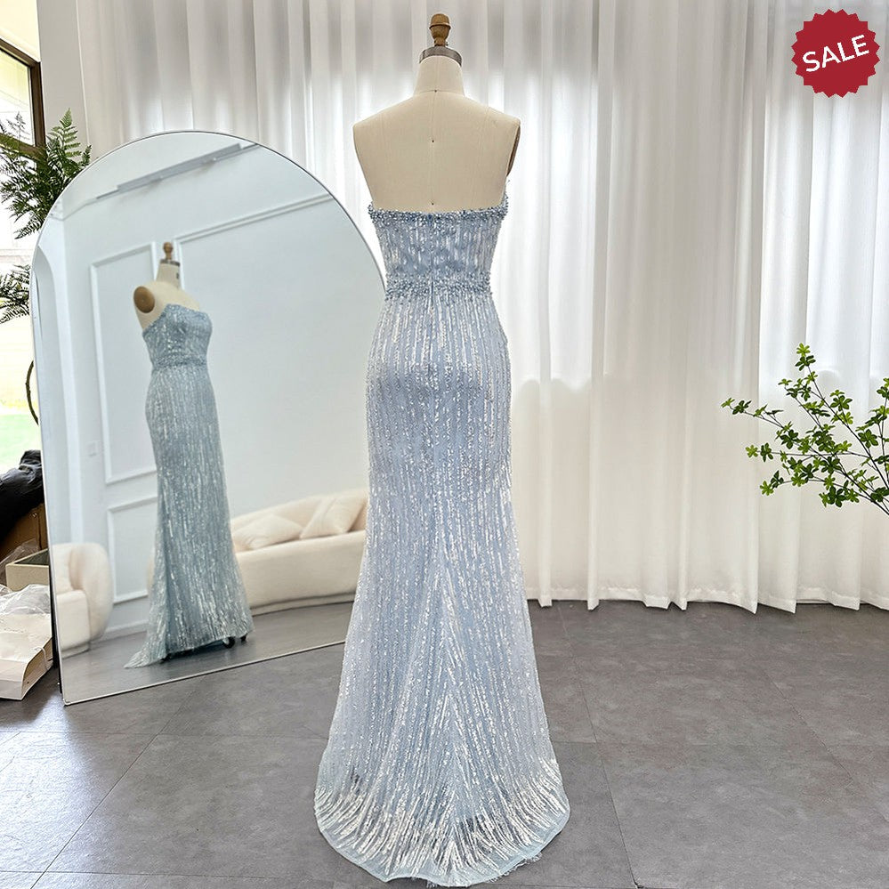 Light Blue Pearls Luxury Dubai Evening Dresses Elegant Strapless SS395