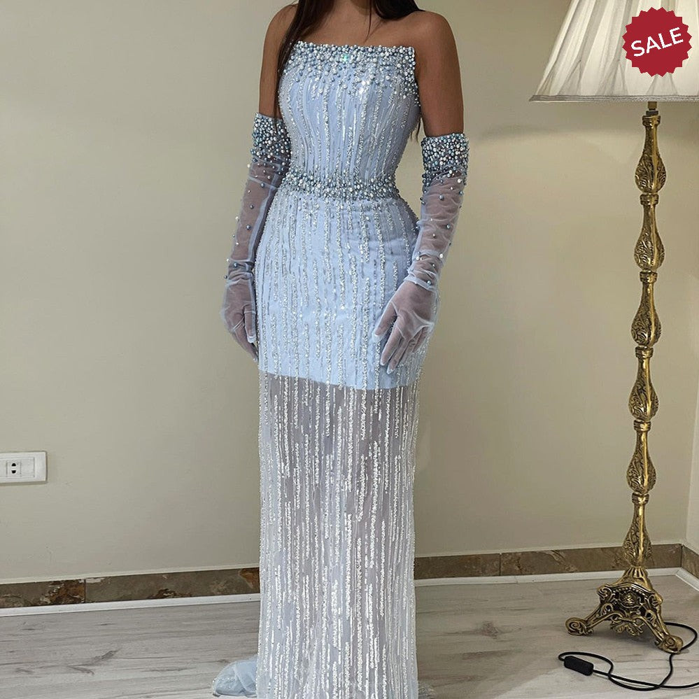 Light Blue Pearls Luxury Dubai Evening Dresses Elegant Strapless SS395