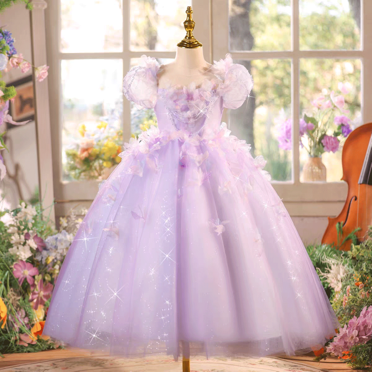 Girls’ Lavender Ball Gown Puff Sleeve Tulle Dress with Corset Back 3D Butterflies for Weddings Parties J612