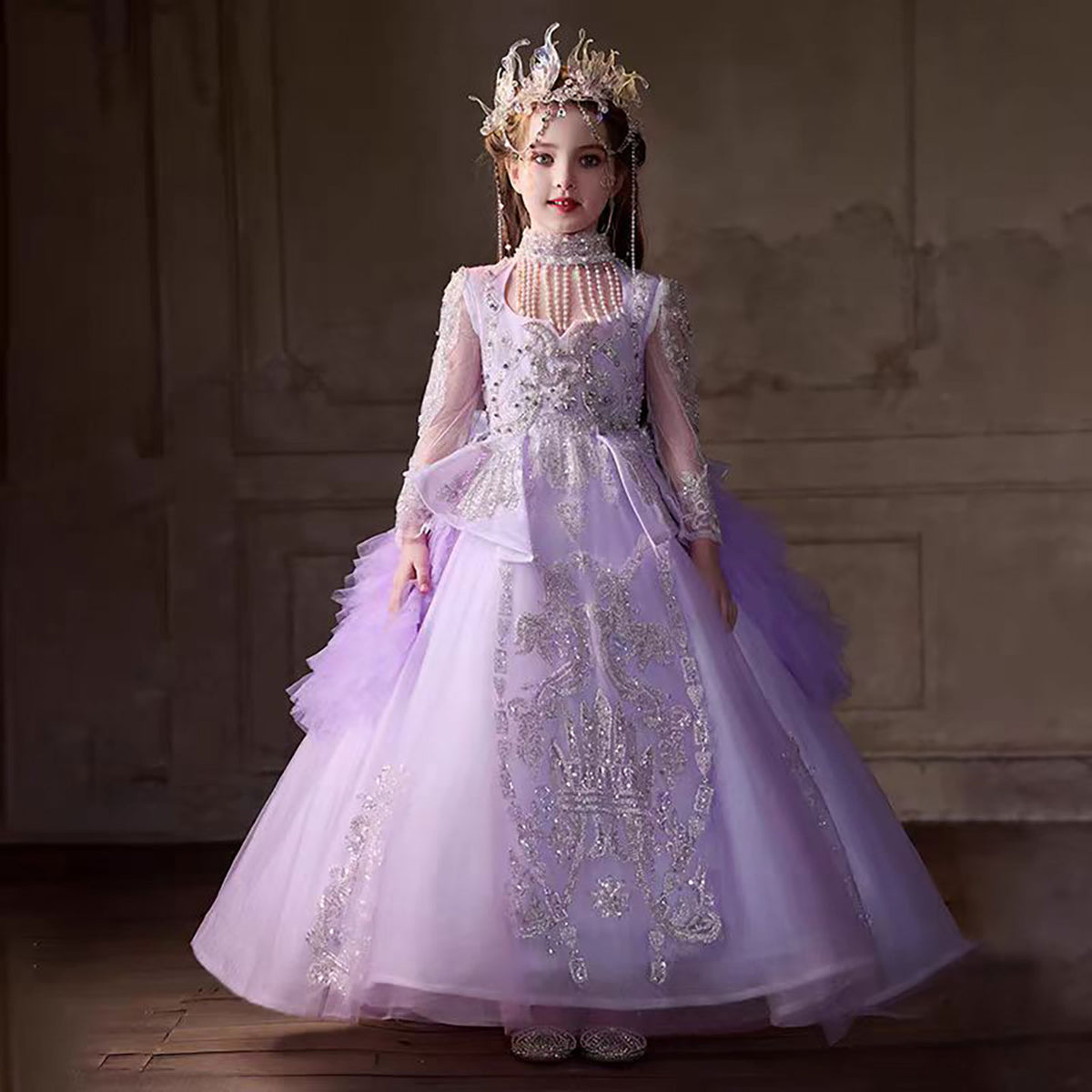 Jill Purple Noble Beaded Princess Flower Girl Dress J271