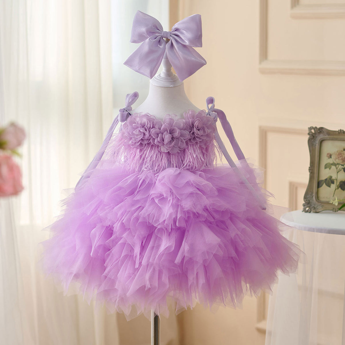 Jill Sleeveless Flower-Adorned Tiered Flower Girl Dress With Bow D052