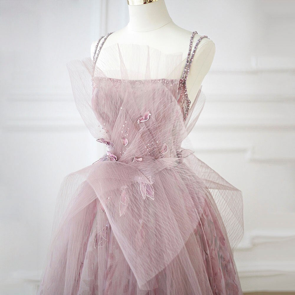 Lilac Floral Tulle Long Evening Dress Spaghetti Straps Backless Formal SS236