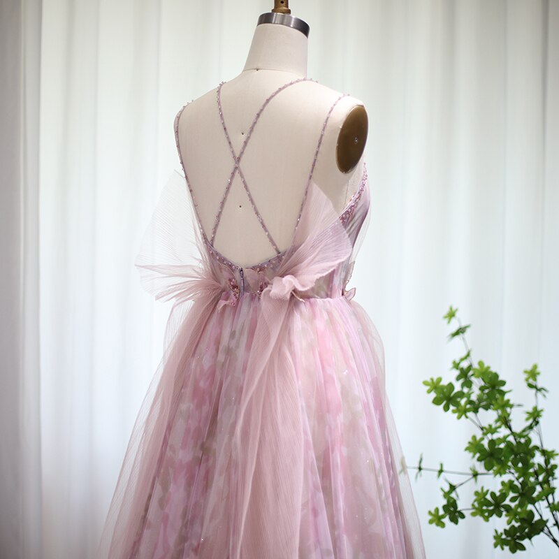 Lilac Floral Tulle Long Evening Dress Spaghetti Straps Backless Formal SS236