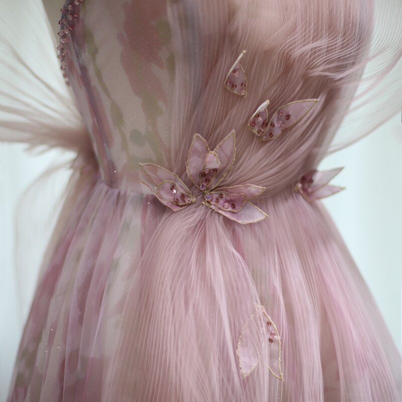Lilac Floral Tulle Long Evening Dress Spaghetti Straps Backless Formal SS236