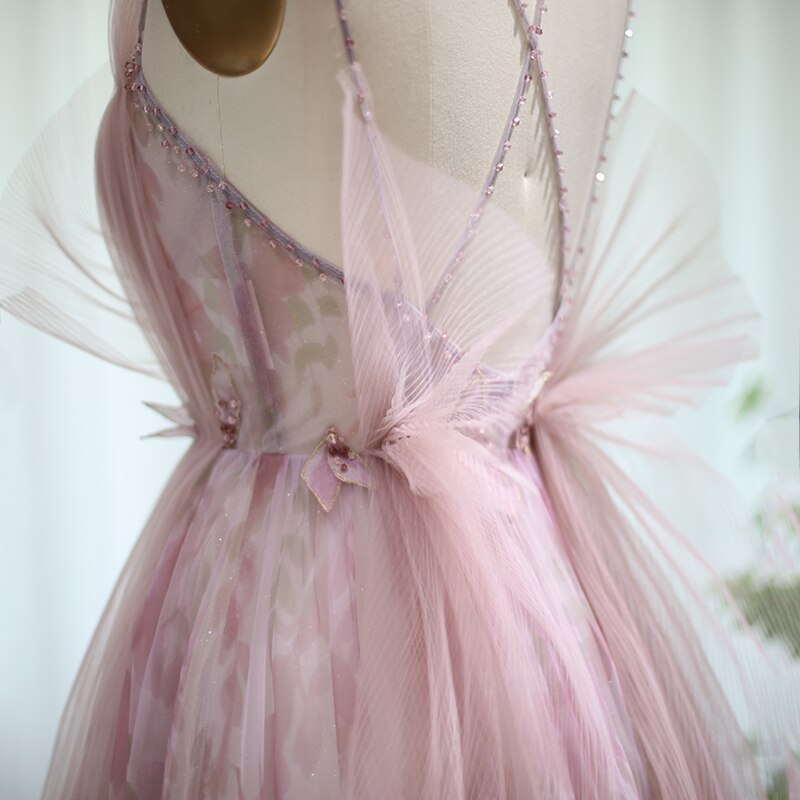 Lilac Floral Tulle Long Evening Dress Spaghetti Straps Backless Formal SS236