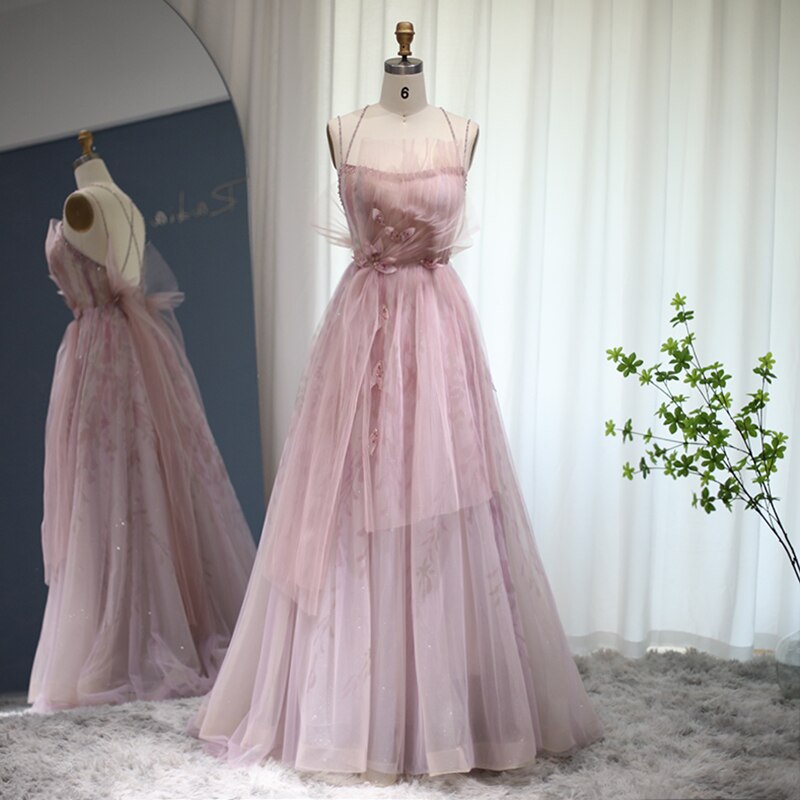 Lilac Floral Tulle Long Evening Dress Spaghetti Straps Backless Formal SS236