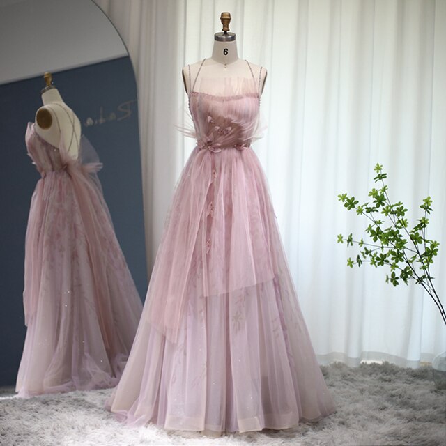 Lilac Floral Tulle Long Evening Dress Spaghetti Straps Backless Formal SS236