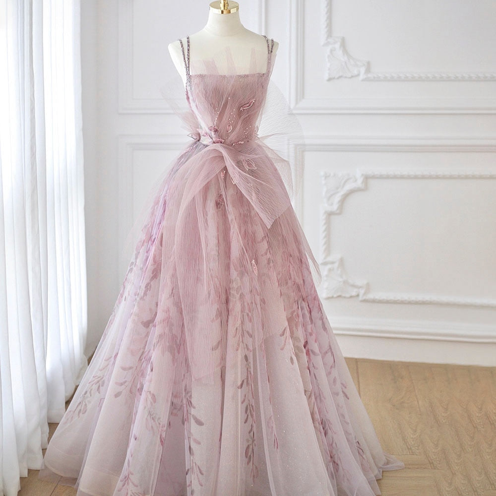 Lilac Floral Tulle Long Evening Dress Spaghetti Straps Backless Formal SS236