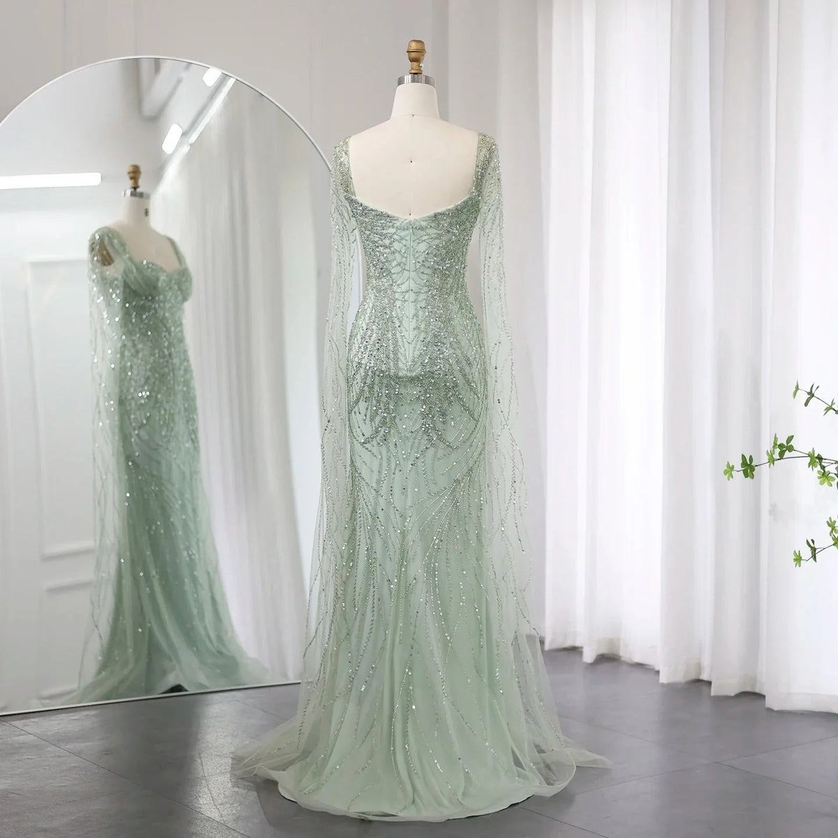 Lilac Mermaid Luxury Dubai Evening Dresses with Cape Sleeves Elegant SS237