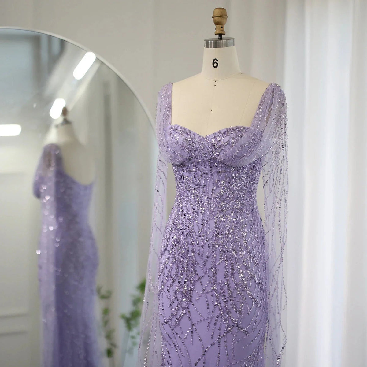 Lilac Mermaid Luxury Dubai Evening Dresses with Cape Sleeves Elegant SS237