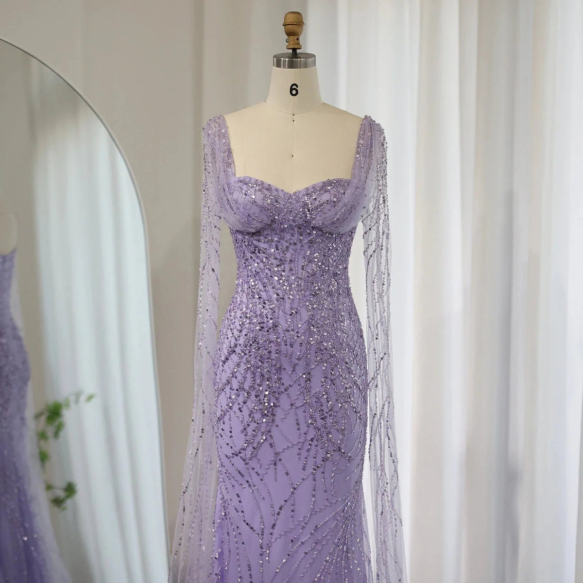 Lilac Mermaid Luxury Dubai Evening Dresses with Cape Sleeves Elegant SS237