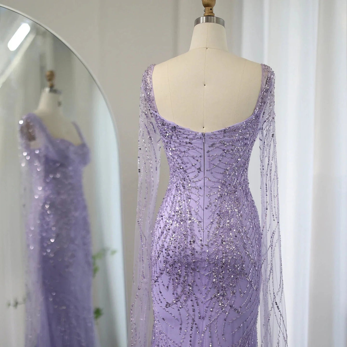 Lilac Mermaid Luxury Dubai Evening Dresses with Cape Sleeves Elegant SS237