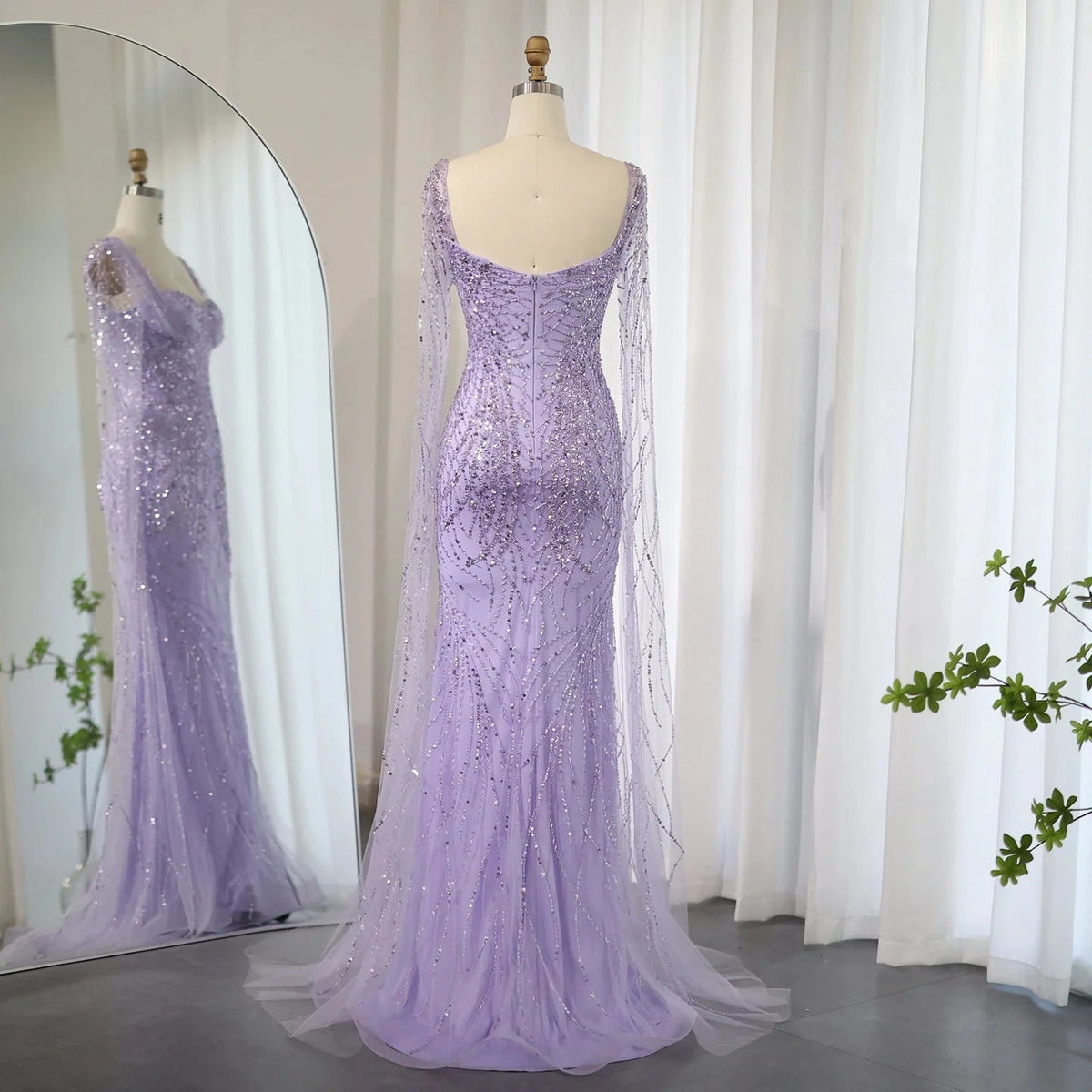 Lilac Mermaid Luxury Dubai Evening Dresses with Cape Sleeves Elegant SS237