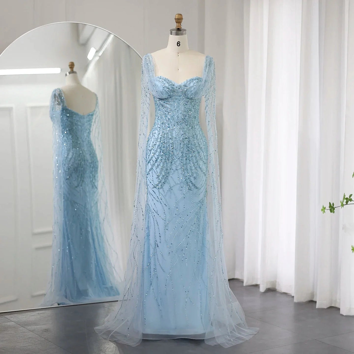Lilac Mermaid Luxury Dubai Evening Dresses with Cape Sleeves Elegant SS237