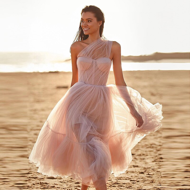 Lilac Tulle One Shoulder Short Evening Dress Ruffled Tea Length Pink Cocktail Party Dresses