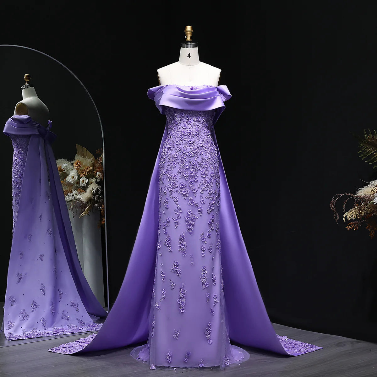 Luxury Lilac Crystal Beaded Mermaid Evening Dress with Flowing Overskirt SS555
